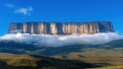 A massive flat topped mountain rises above the clouds and landscape