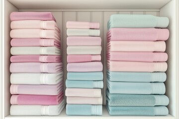Soft pastel-colored towels stacked neatly on a white shelf.