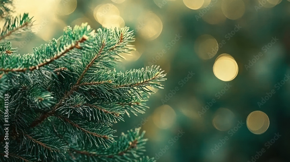 Poster a close up image depicts green pine tree branches
