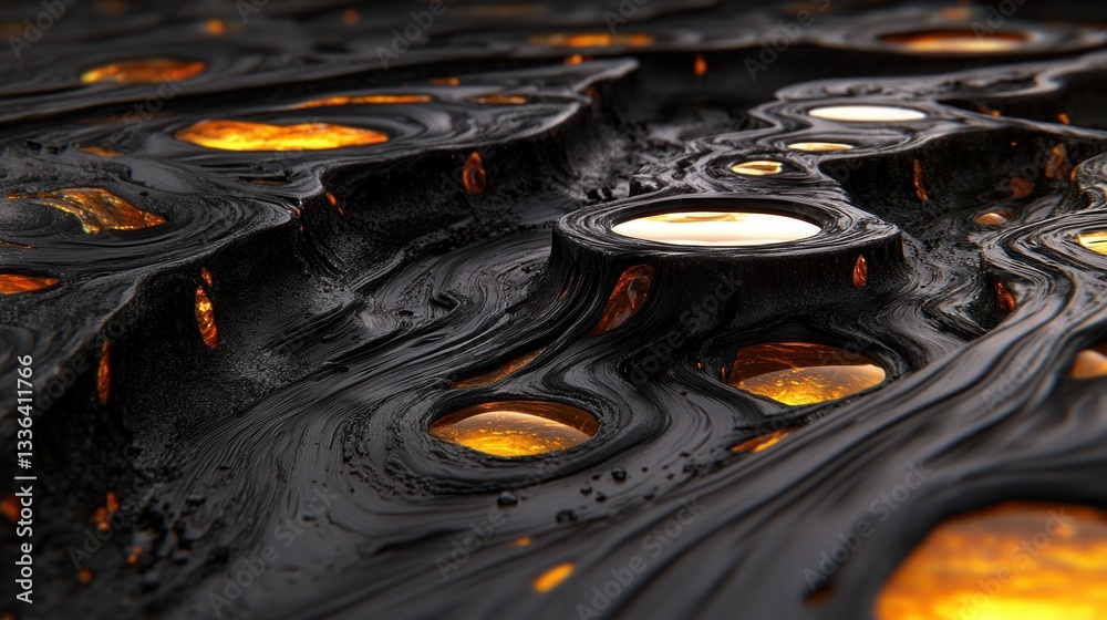 Poster detailed abstract artistic representation of a black flowing surface and pools