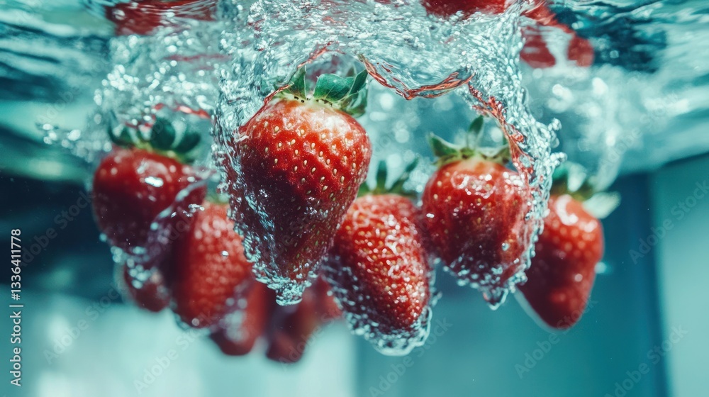 Poster fresh red strawberries submerged in clean clear water splashing