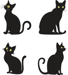 Silhouette Black Cats with Yellow Eyes Vector Set Collection