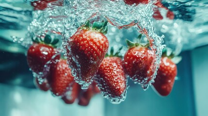 Fresh Red Strawberries Submerged In Clean Clear Water Splashing