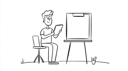 Fototapeta premium person sits on chair reading book in front of blank easel, with cup of pens nearby