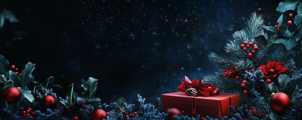 Merry Christmas advent holiday celebration greeting card with text banner panorama long - Christmas tree branches, red baubles ornaments decoration on