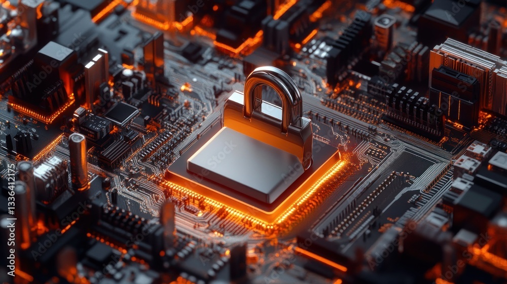 Poster a silver padlock symbolizes data security on a circuit board
