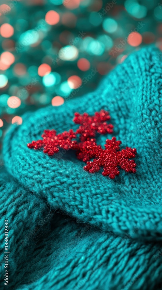 Poster red sparkly snowflakes rest on knitted teal fabric with blurred lights