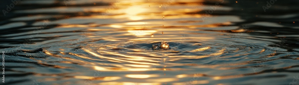 Poster small water droplets falling and creating concentric ripples in a lake