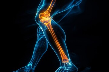 a human leg bones illuminated in a medical illustration.