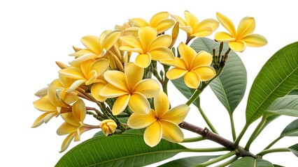 Fototapeta premium Golden Plumeria Blossoms: Close-up shot of a radiant cluster of golden plumeria flowers, their delicate petals exuding warmth, grace, and exotic beauty
