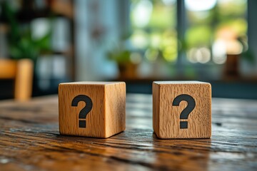 窓辺の机に置かれたはてなマークのブロックの風景
