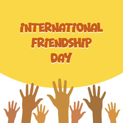 Fototapeta premium Raised hands on a white and yellow background. International Friendship Day. Flat illustration