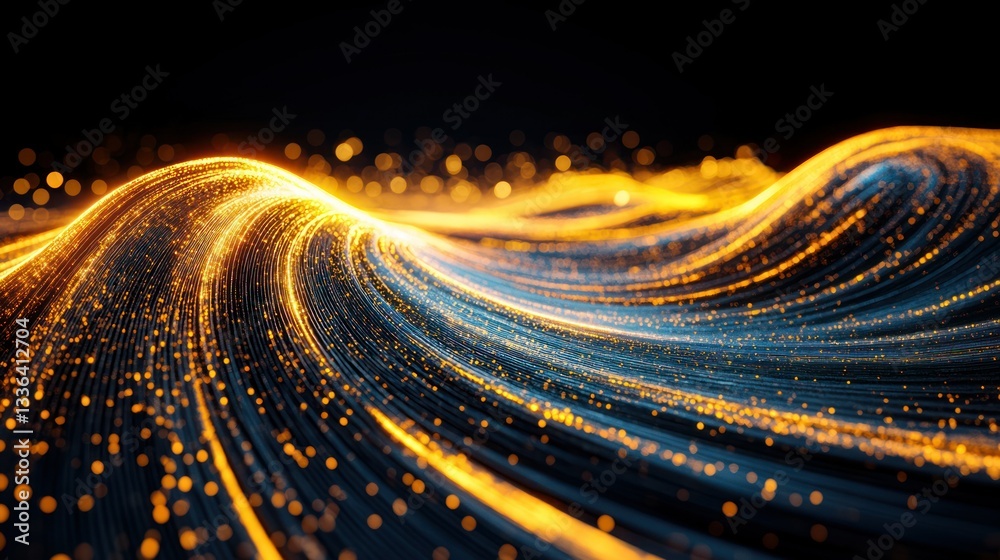 Poster glowing golden energy flowing in wave like lines on dark background