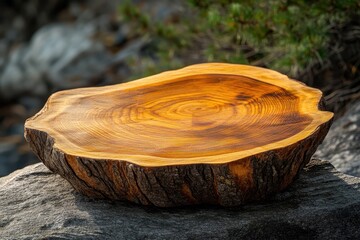 Beautiful handcrafted wooden platter with natural finish on a stone surface.