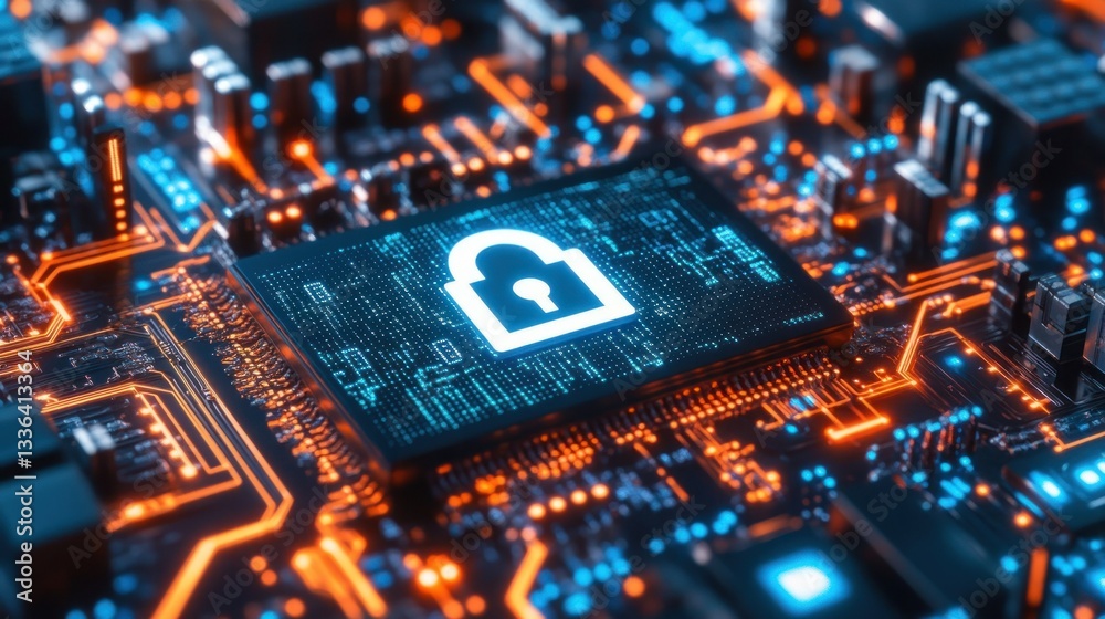 Poster the electronic circuit board displays a security lock symbol brightly