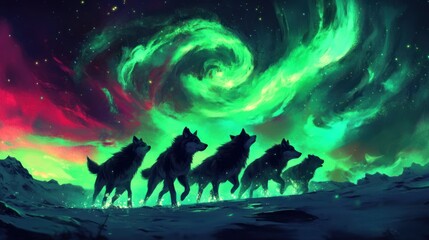 Fototapeta premium A pack of wolves traverses a snowy landscape under an aurora filled sky