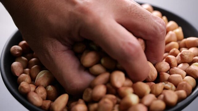 Golden Peanuts in Motion. A Close-Up of Peanuts Flowing Through Hands in Slow Motion, Showcasing Their Natural Texture