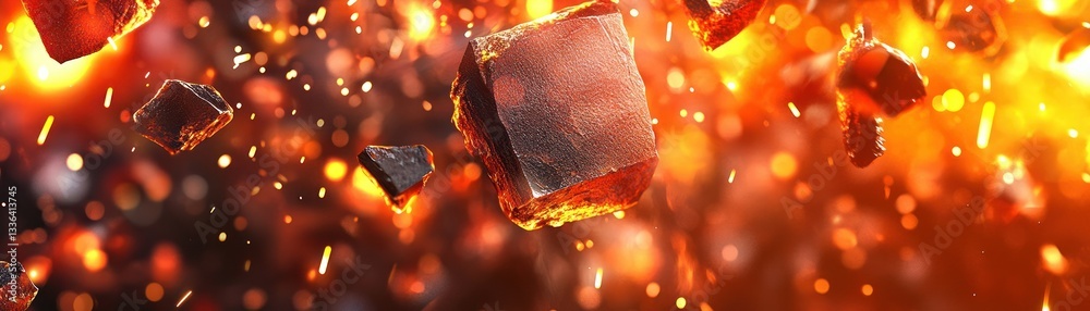 Poster Floating fiery fragments and glowing particles in a dynamic composition