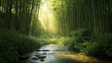 Obraz premium A tranquil bamboo forest with a small stream flowing gently through, creating a harmonious balance of movement and stillness, enhanced by natural light filtering through the leaves 