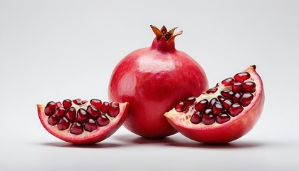 Red Pomegranate with cut in half isolated on a white background,seed, freshness, leaf, pomegranate, red, food, fruit, clipping, cut out, group, half, isolate, juicy, 2