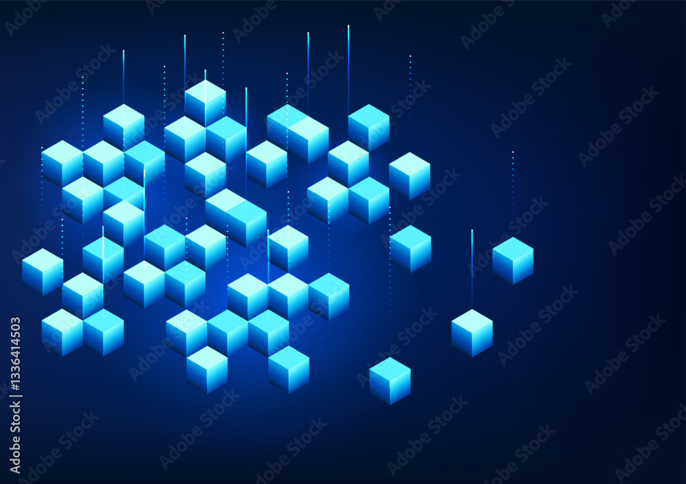 Poster blockchain technology, a series of square boxes that connect to each other, represents the technolog