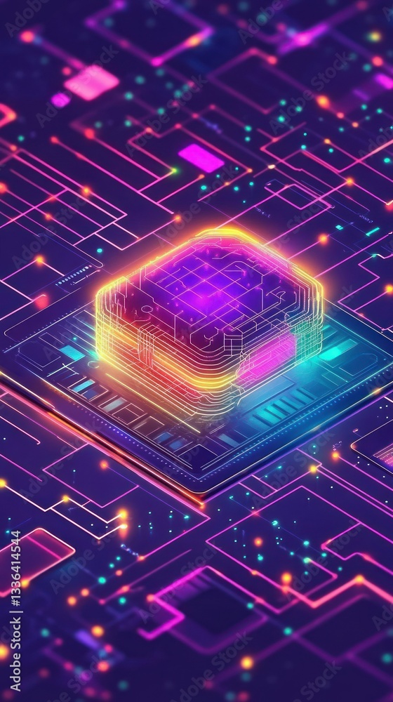Poster Glowing digital circuit board displaying a central processing unit of sorts