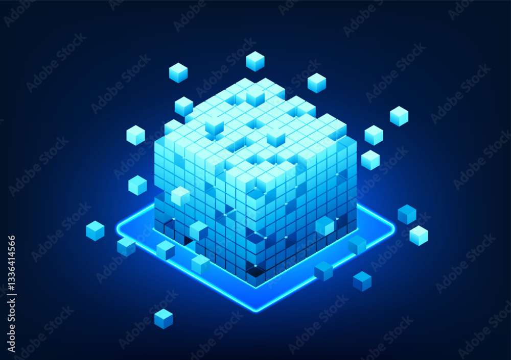 Poster blockchain technology, a series of separate square boxes that represent the technology of storing da