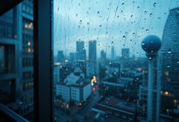 Rainy Urban Skyline Dusk Water Droplets Glass - Modern Cityscape Photo Blog Posts Urban Living Weather Mood, Copy Space Articles