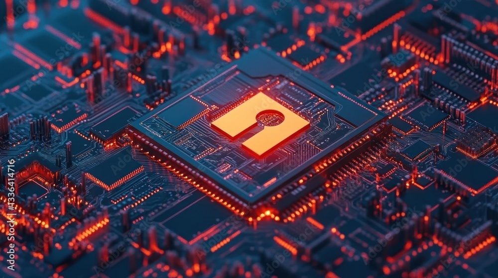 Poster A macro photograph depicts an illuminated computer processor circuit board
