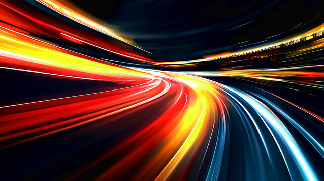 Abstract speed light trails night cityscape dynamic motion blur red art fast blue dark road lines