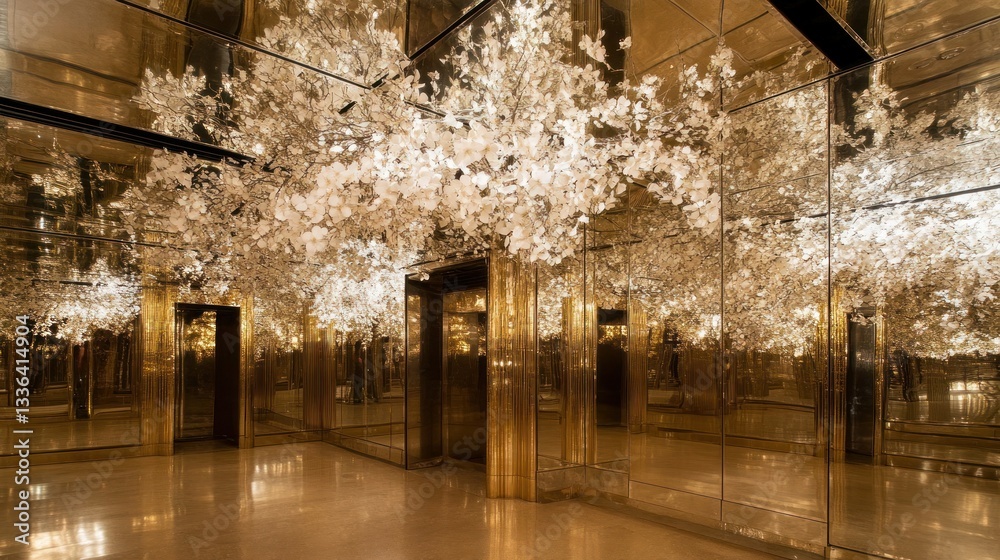 Poster a mirrored room contains artificial white flowering branches overhead