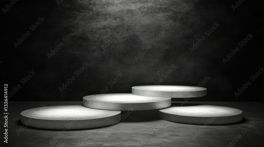 Poster four circular platforms illuminated against a dark textured background