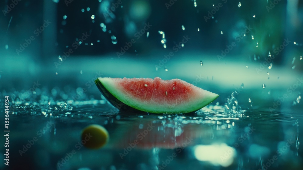 Poster a slice of watermelon sits in the refreshing falling rain
