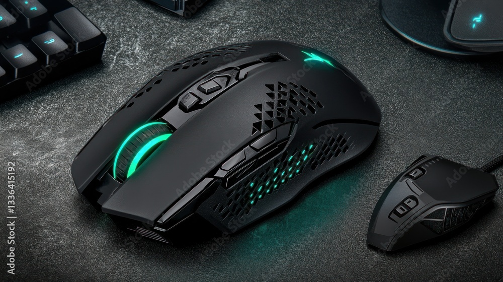 Poster Modern gaming mouse with additional computer accessories on a table