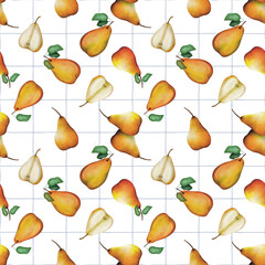 Watercolor yellow pear seamless pattern on transparent background 