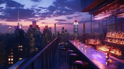 New York City skyline from luxurious rooftop bar with atmospheric lighting