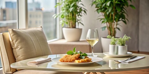 Fototapeta premium A tranquil indoor scene featuring a delectable meal, a glass of white wine, and lush greenery, enhancing the dining experience.