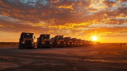 Mining fleet parked at sunset, conveying industrial activity and land usage