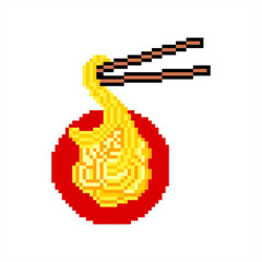 Pixel art of noodle and chopstick on red plate. Pixelated noodle logo. 
