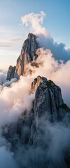 A snow-covered mountain landscape with soft, fluffy clouds © Cosmic Wonders
