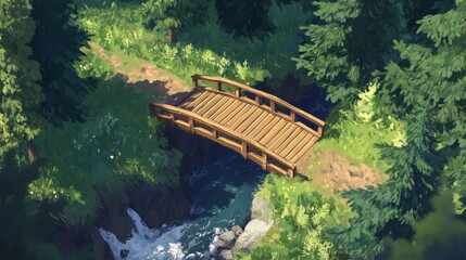 Scenic wooden bridge artfully depicted traversing a serene, verdant forest stream