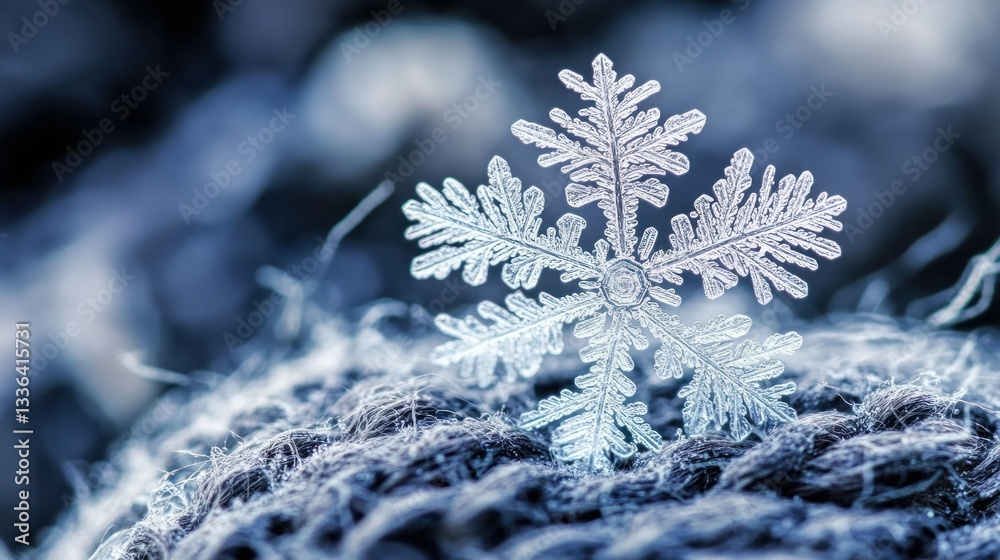 Poster a detailed macro photograph displays a delicate snowflake perfectly