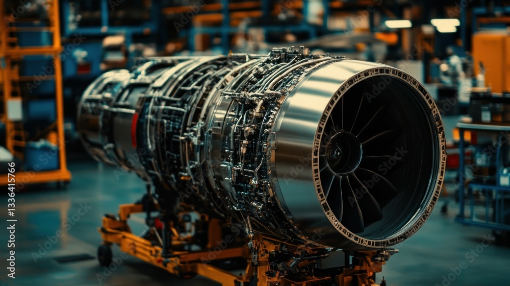 Poster A large metallic engine displayed inside of a workshop setting