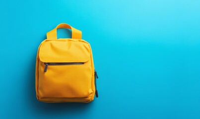 Education school, back to school concept - Yellow school backpack, isolated on clean blue texture background