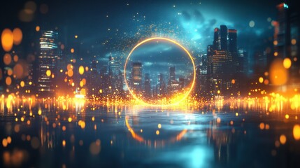 Fototapeta premium A futuristic cityscape glows brightly with an illuminated ring around it