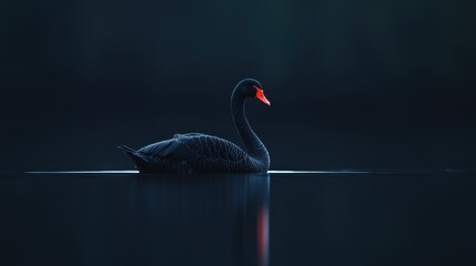 Photograph of a black swan swimming in the water. the swan is facing towards the right side of the image, with its head turned towards the left side. © Darya