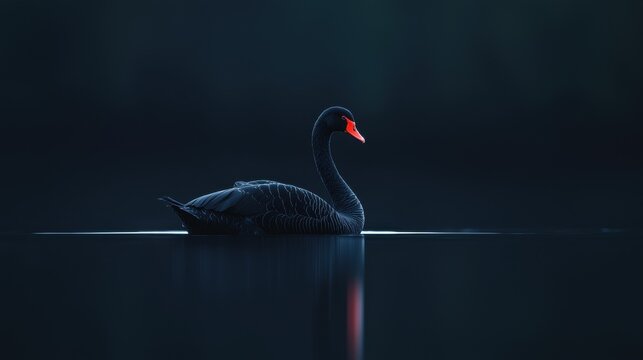 Photograph of a black swan swimming in the water. the swan is facing towards the right side of the image, with its head turned towards the left side.