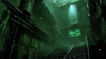A futuristic alleyway scene features heavy rain and dim lighting