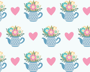 Flowers in a teapot. Hello spring. Vector seamless pattern