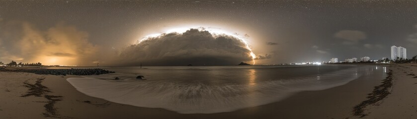 A dramatic coastal scene shows lightning illuminate a cloudy sky
